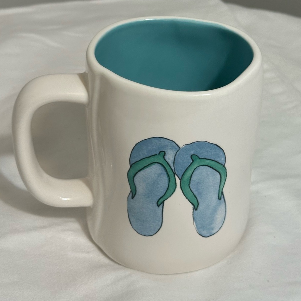 New Rae Dunn Hello Sunshine flip flops mug coffee cup blue black white summer - Picture 2 of 9